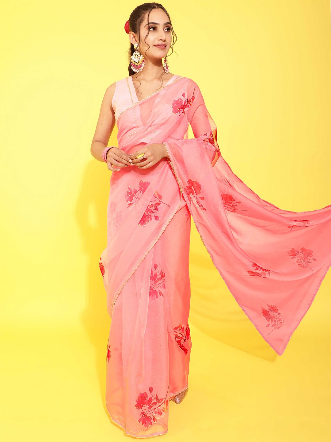 

DUNGRANI Coral & Red Floral Organza Saree