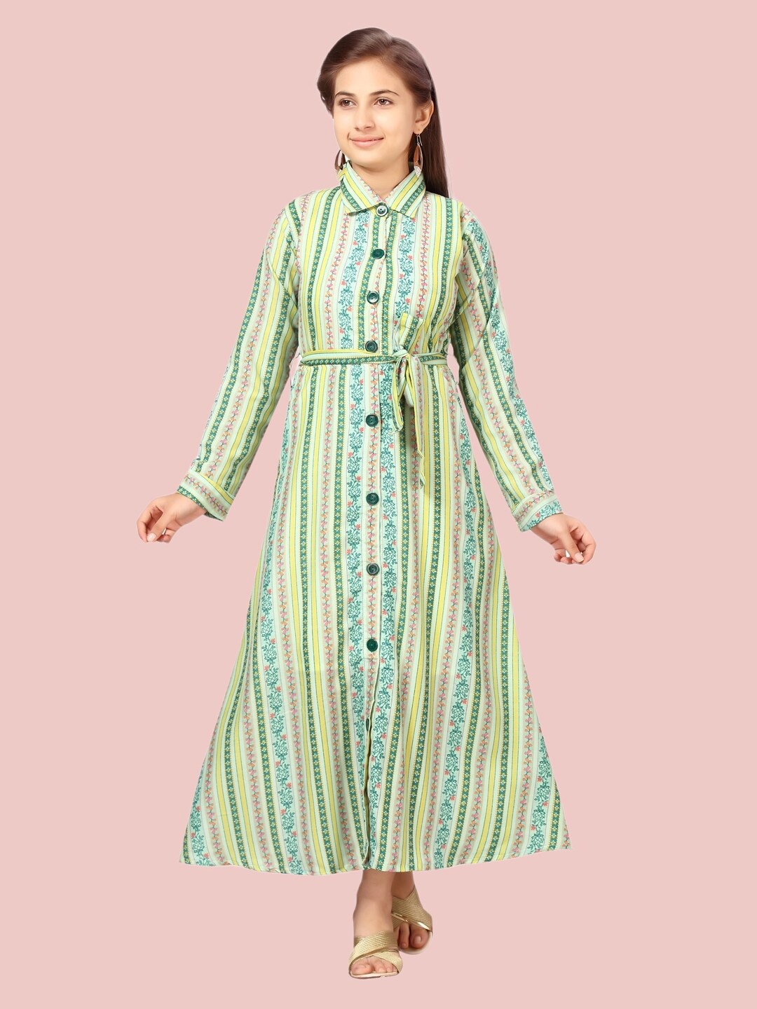 

Aarika Green & Yellow Striped Maxi Cotton Dress