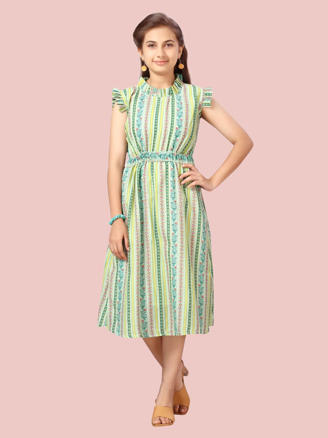 

Aarika Green & Yellow Striped A-Line Midi Cotton Dress