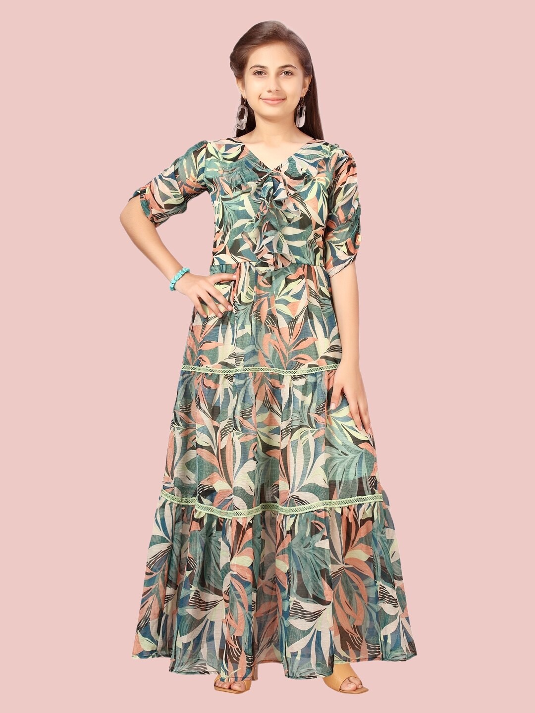 

Aarika Green & Orange Tropical Maxi Cotton Dress