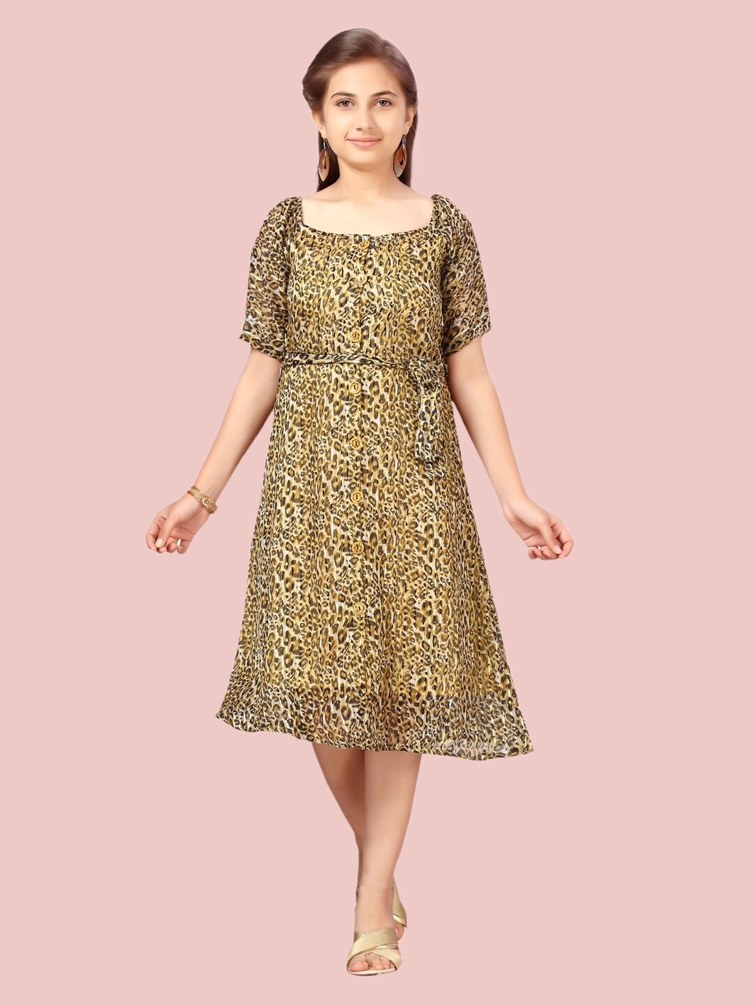 

Aarika Yellow & Camel Brown Animal A-Line Midi Cotton Dress