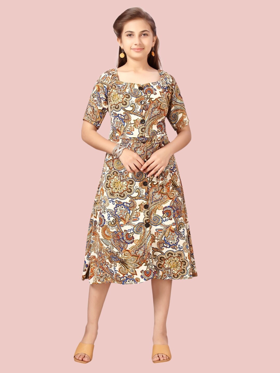 

Aarika Beige & Brown Ethnic Motifs A-Line Midi Cotton Dress