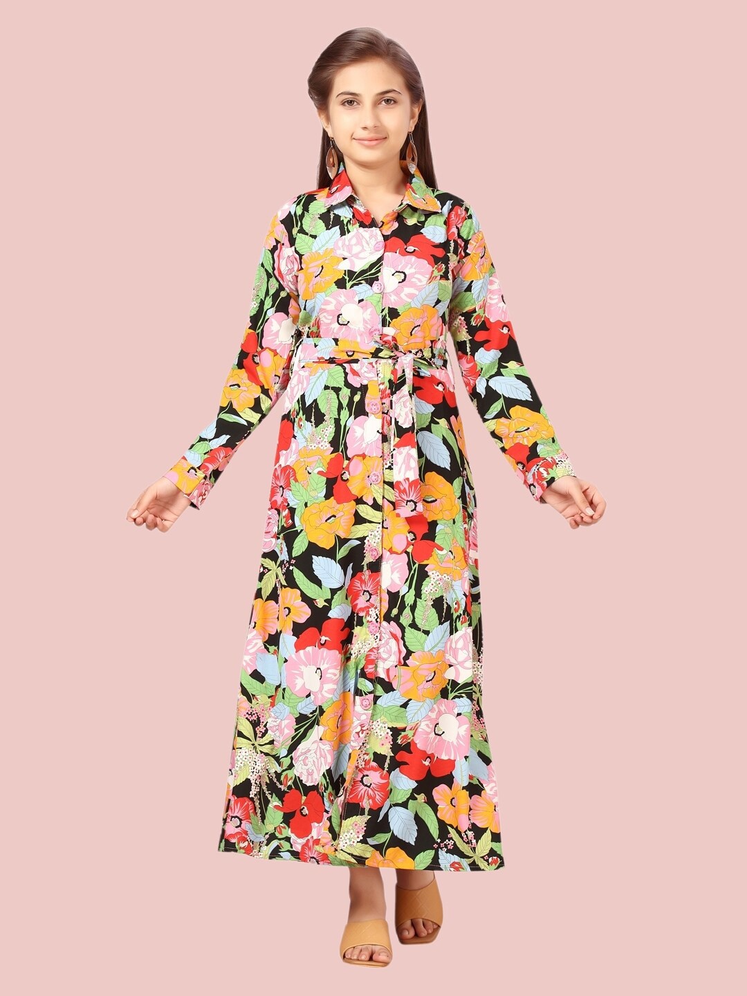 

Aarika Black & Orange Floral Maxi Cotton Dress