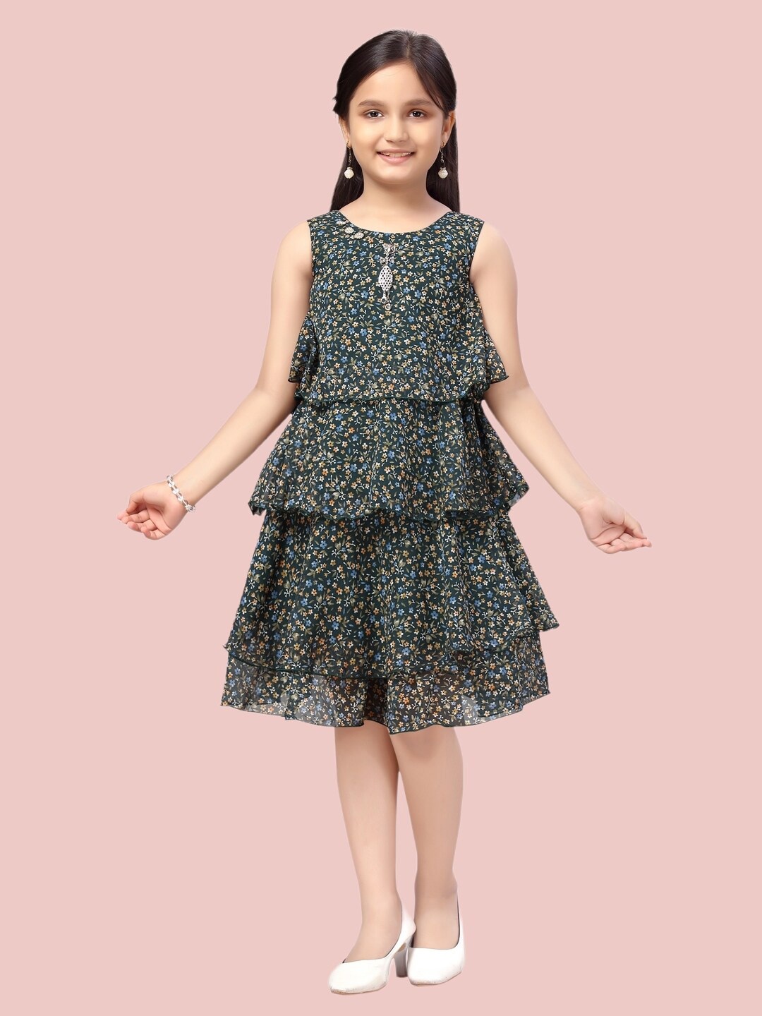 

Aarika Girls Green Floral Layered Georgette A-Line Dress