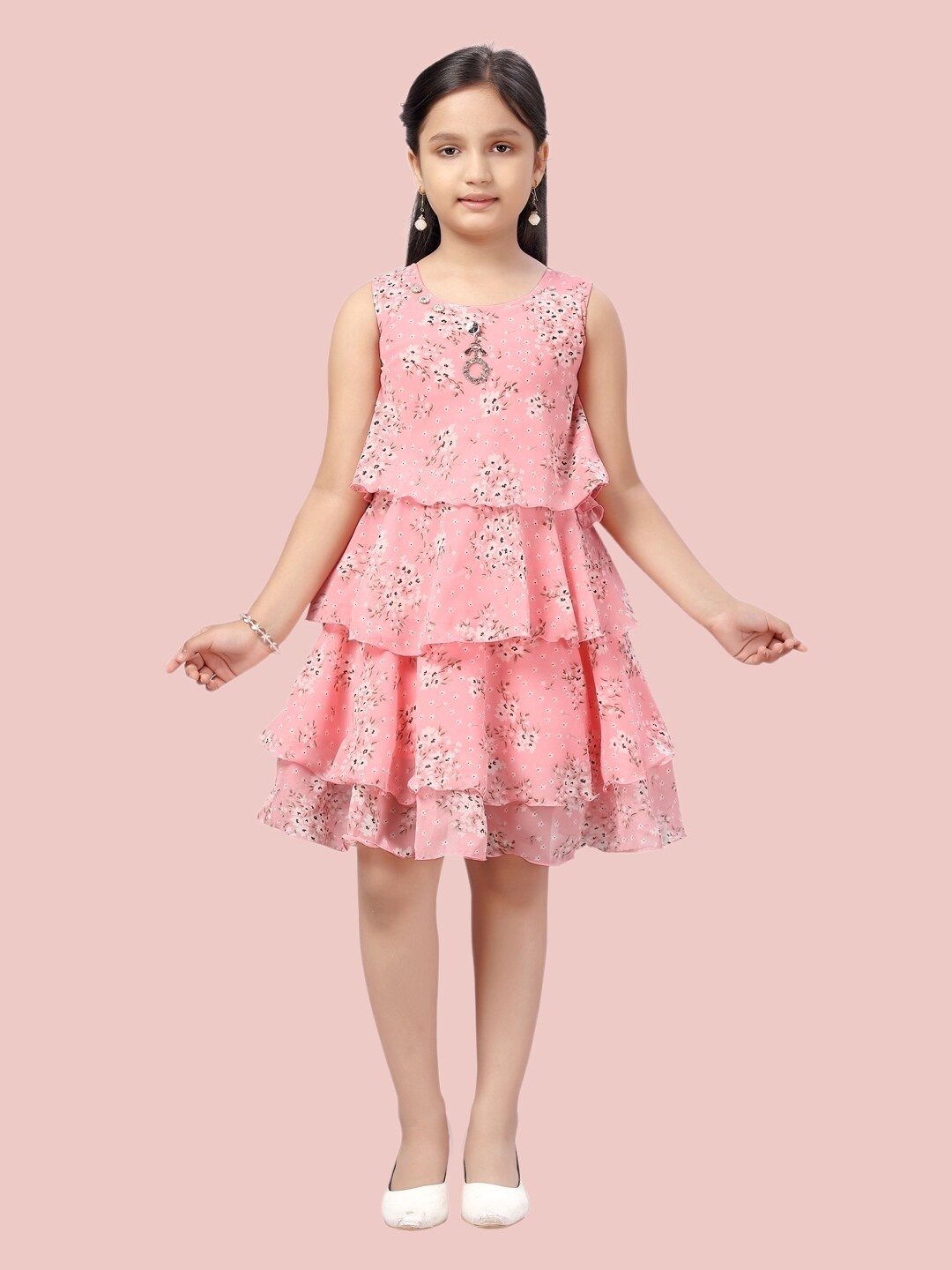 

Aarika Girls Pink Floral Layered Georgette A-Line Dress