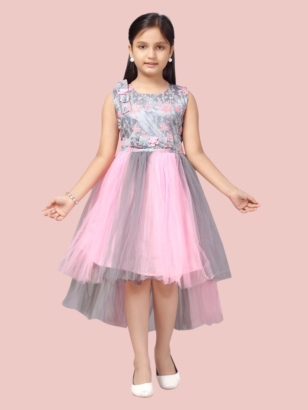 

Aarika Girls Pink & Grey Net Midi Dress