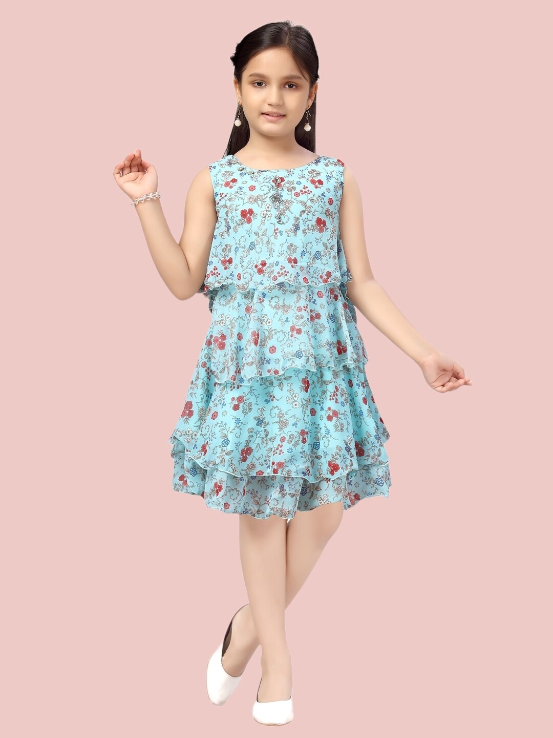 

Aarika Girls Turquoise Blue & Maroon Floral Layered Georgette Dress