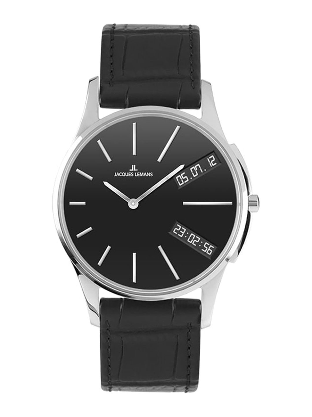 

Jacques Lemans Men Black Dial & Black Leather Straps Analogue Multi Function Watch 1-1813A