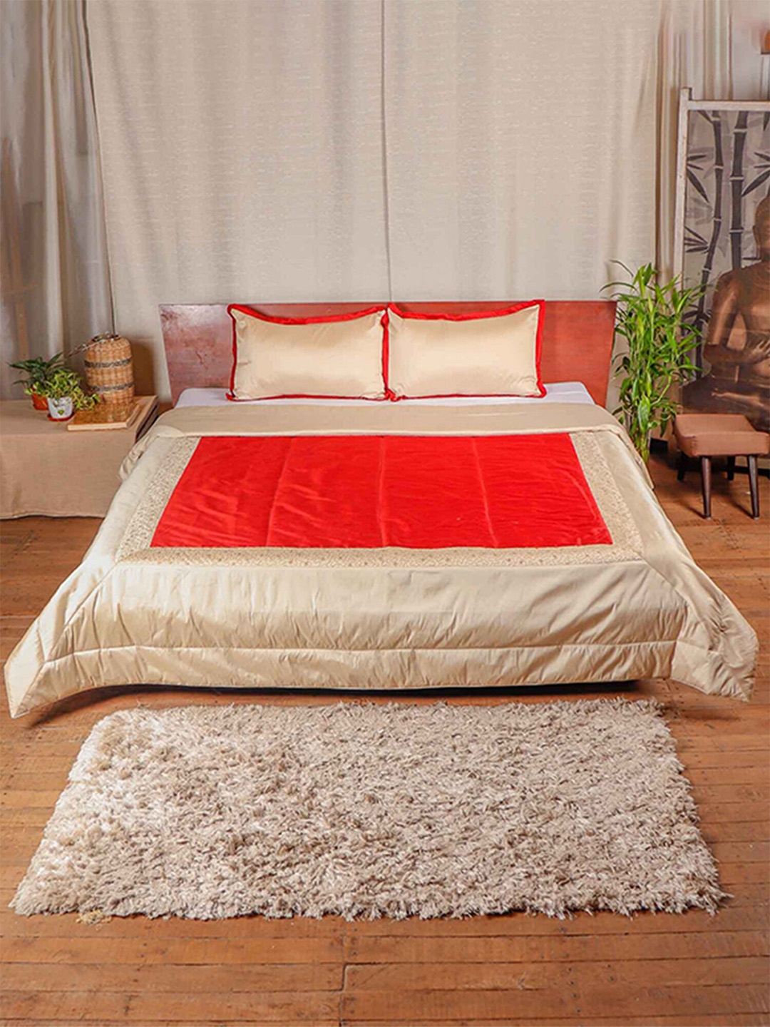 

ZEBA Red & Cream Embroidered Mild Winter 350 GSM Double Bed Quilt with 2 Pillow Shams
