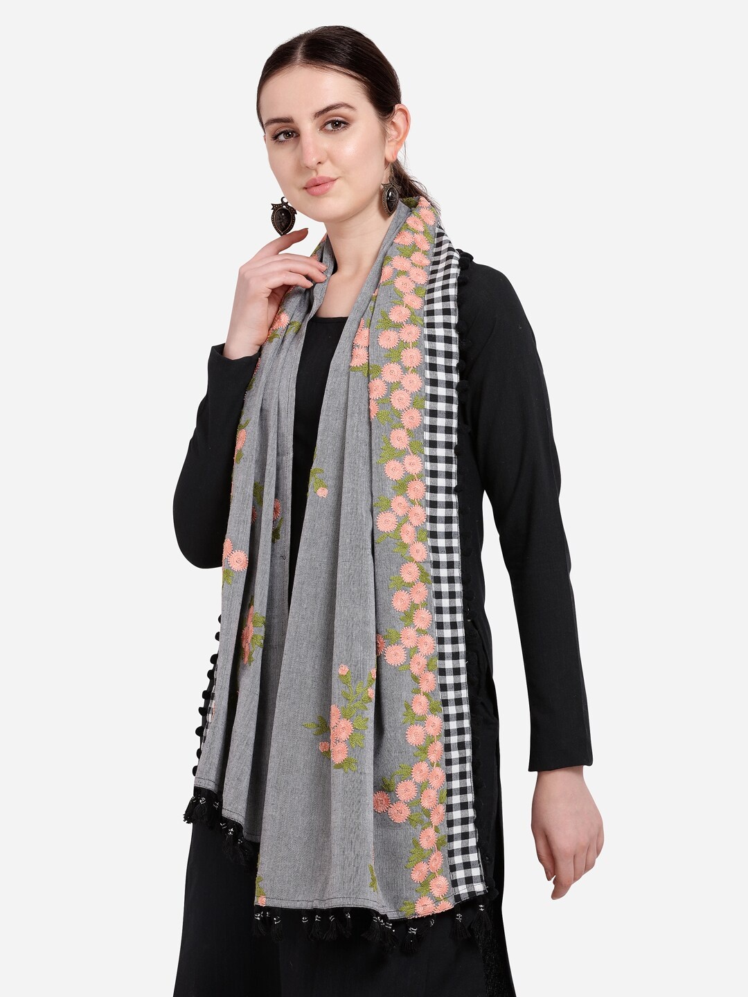 

MESMORA FASHION Grey & Peach-Coloured Embroidered Pure Cotton Dupatta