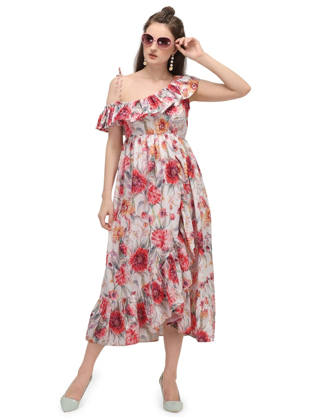 

MESMORA FASHION White & Pink Floral Midi Dress