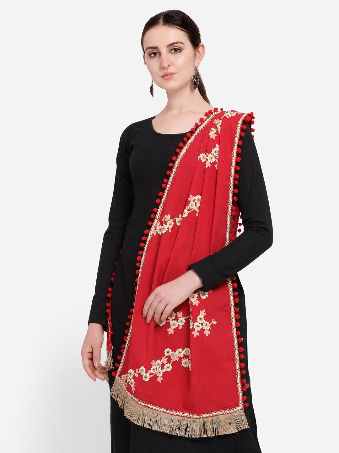 

MESMORA FASHION Red & White Embroidered Pure Cotton Dupatta