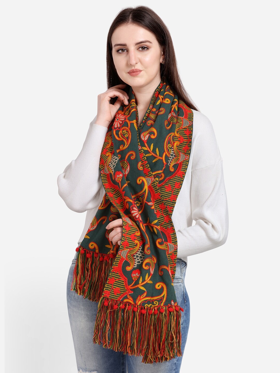 

MESMORA FASHION Green & Red Woollen Embroidered Muffler