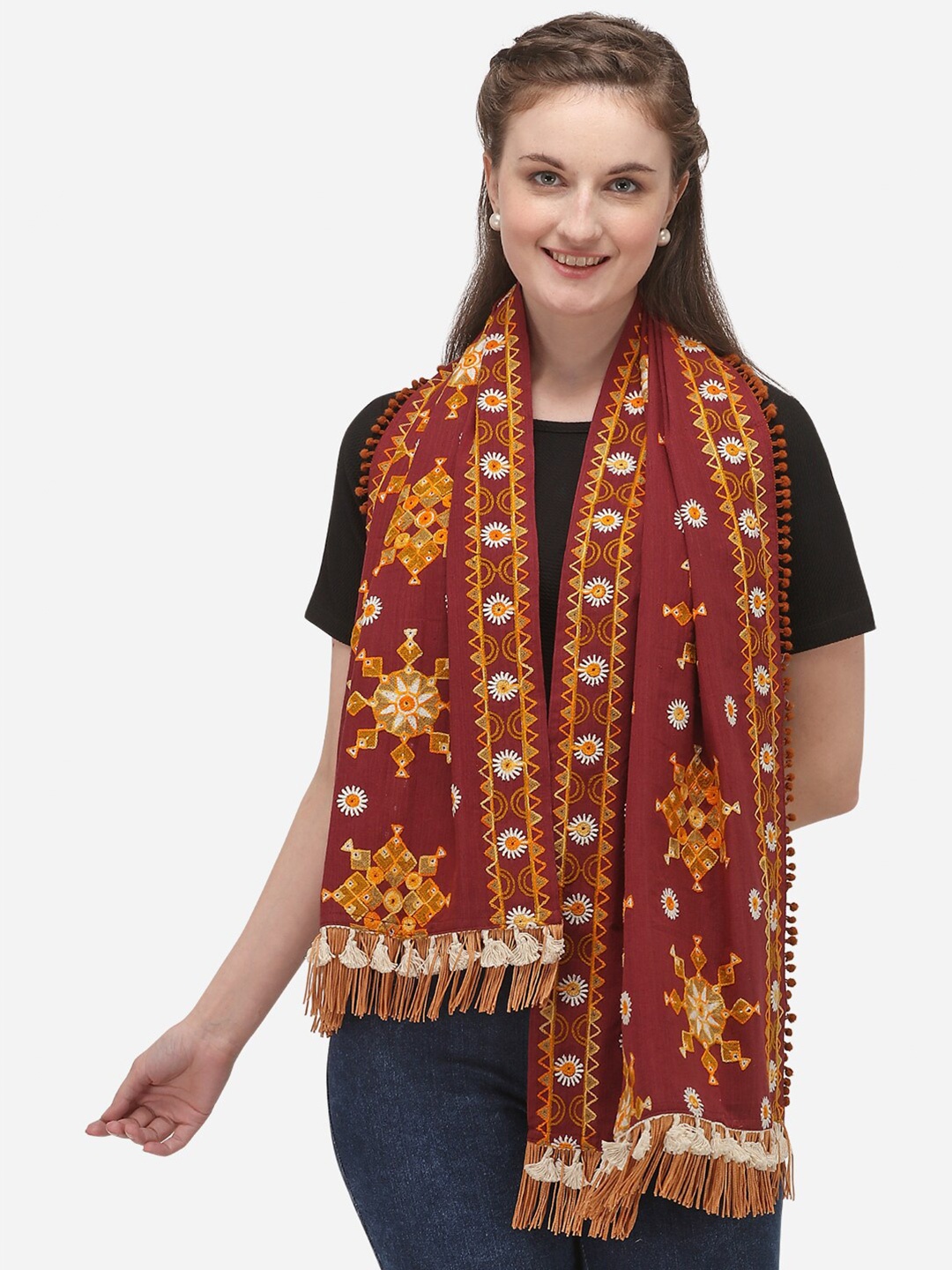 

MESMORA FASHION Burgundy & Yellow Ethnic Motifs Embroidered Muffler