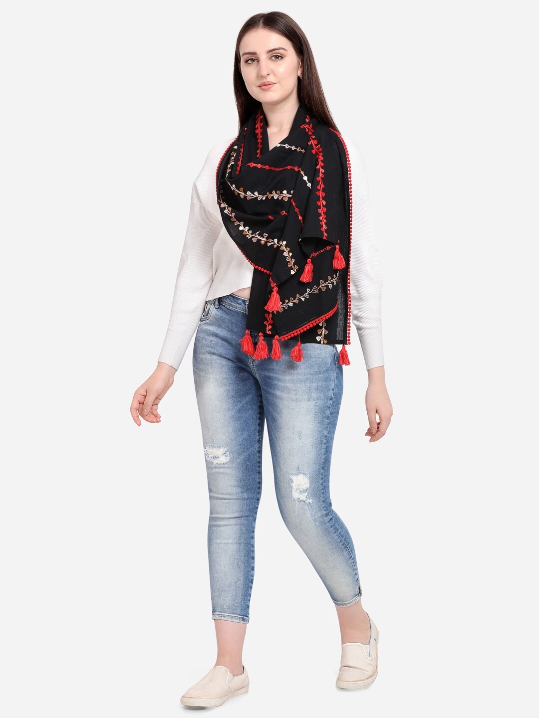 

MESMORA FASHION Black & Red Embroidered Cotton Stole