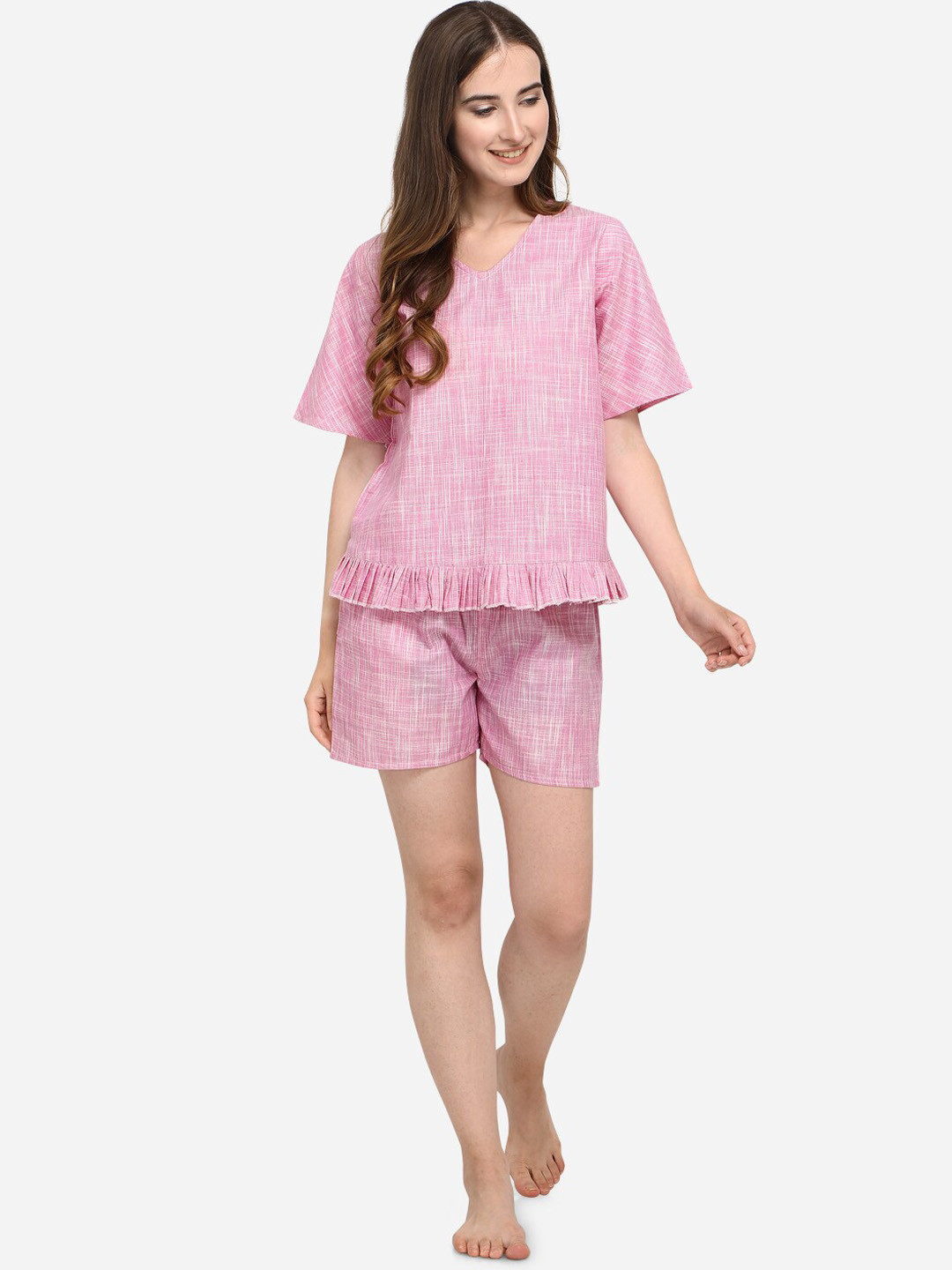

MESMORA FASHION Women Pink & White Printed Pure Cotton Night suit