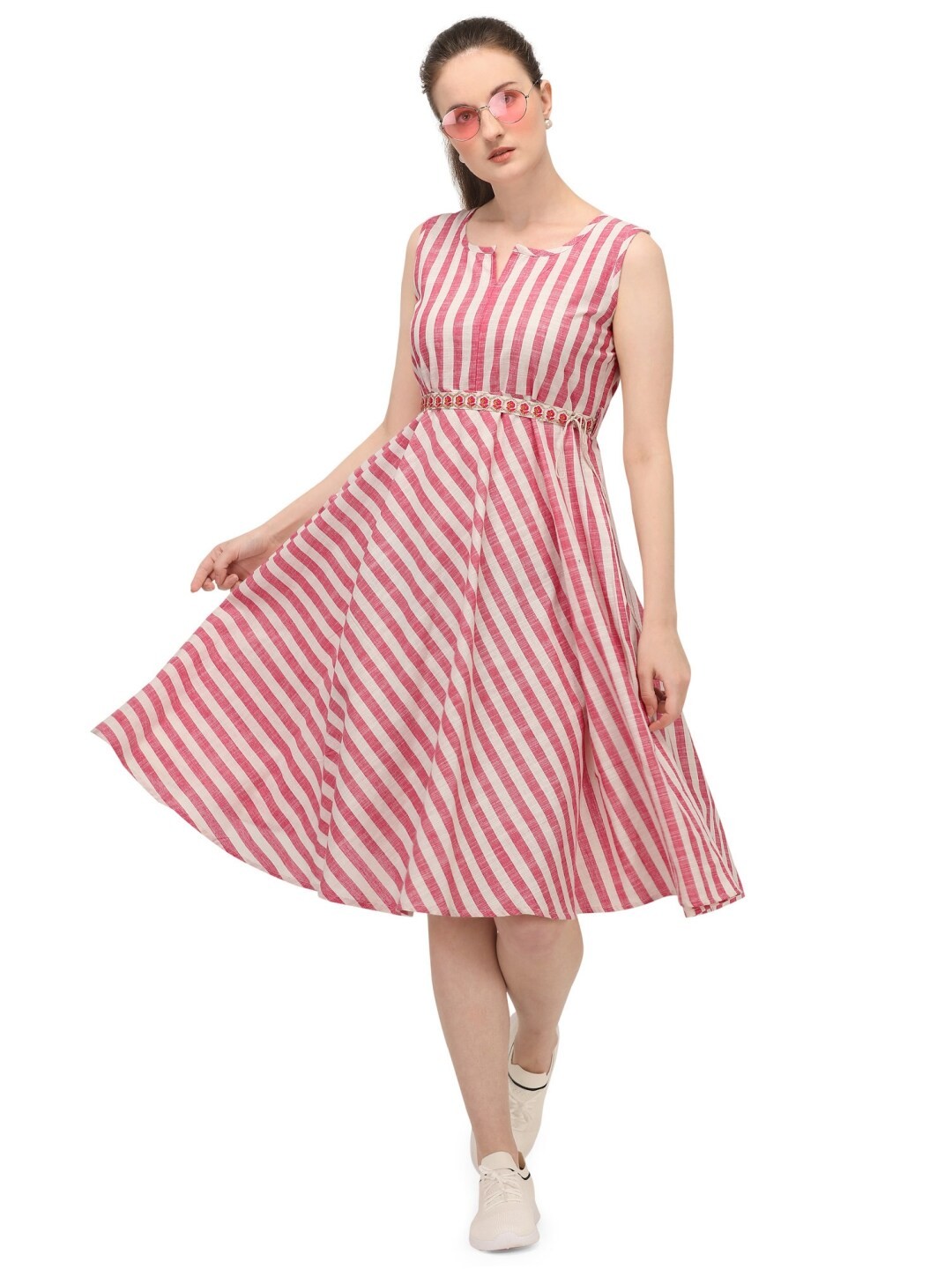 

MESMORA FASHION Pink Striped Midi Cotton Dress