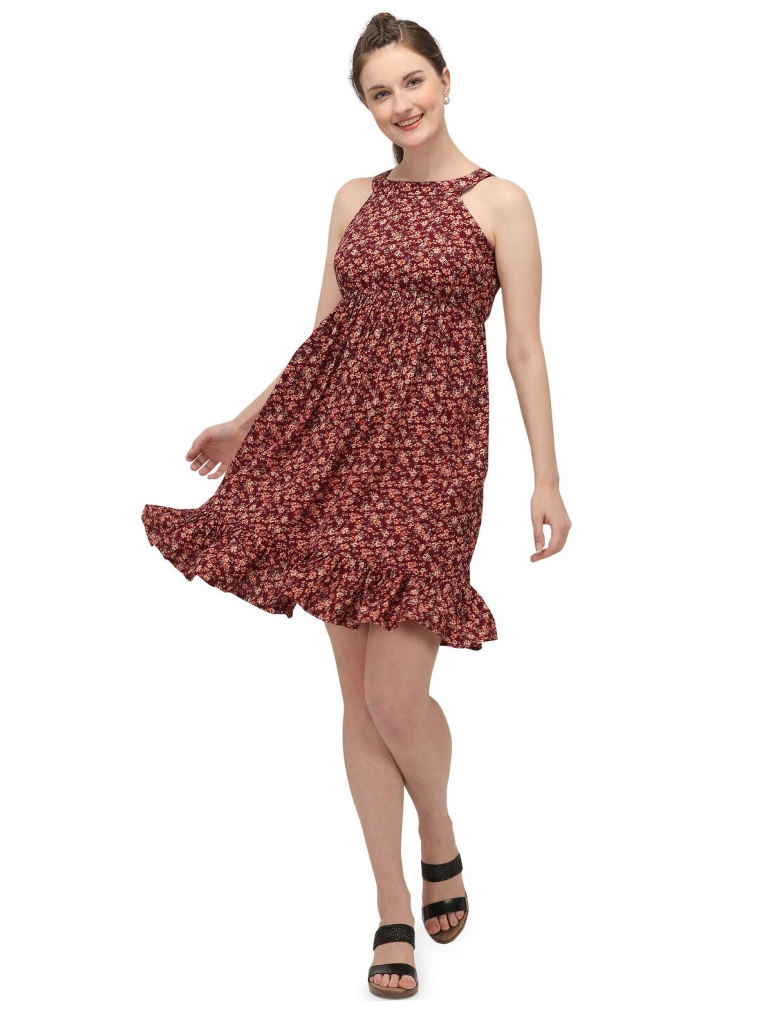 

MESMORA FASHION Maroon Floral Halter Neck Dress