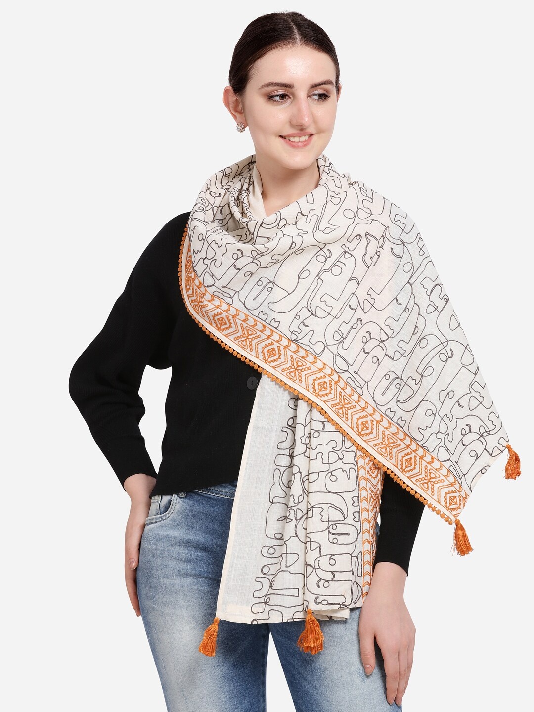 

MESMORA FASHION Women Off White & Grey Embroidered Cotton Stole