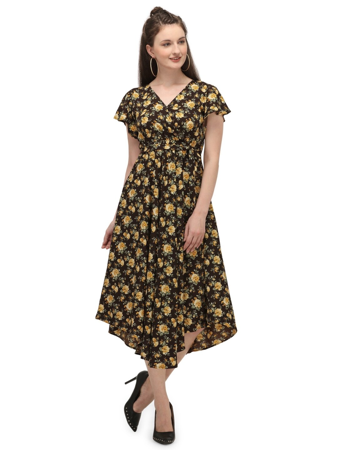 

MESMORA FASHION Coffee Brown Floral Midi Fit & Flare Dress