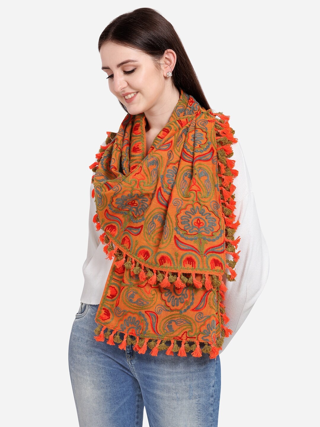 

MESMORA FASHION Women Ethnic Motifs Embroidered Pure Cotton Muffler, Orange