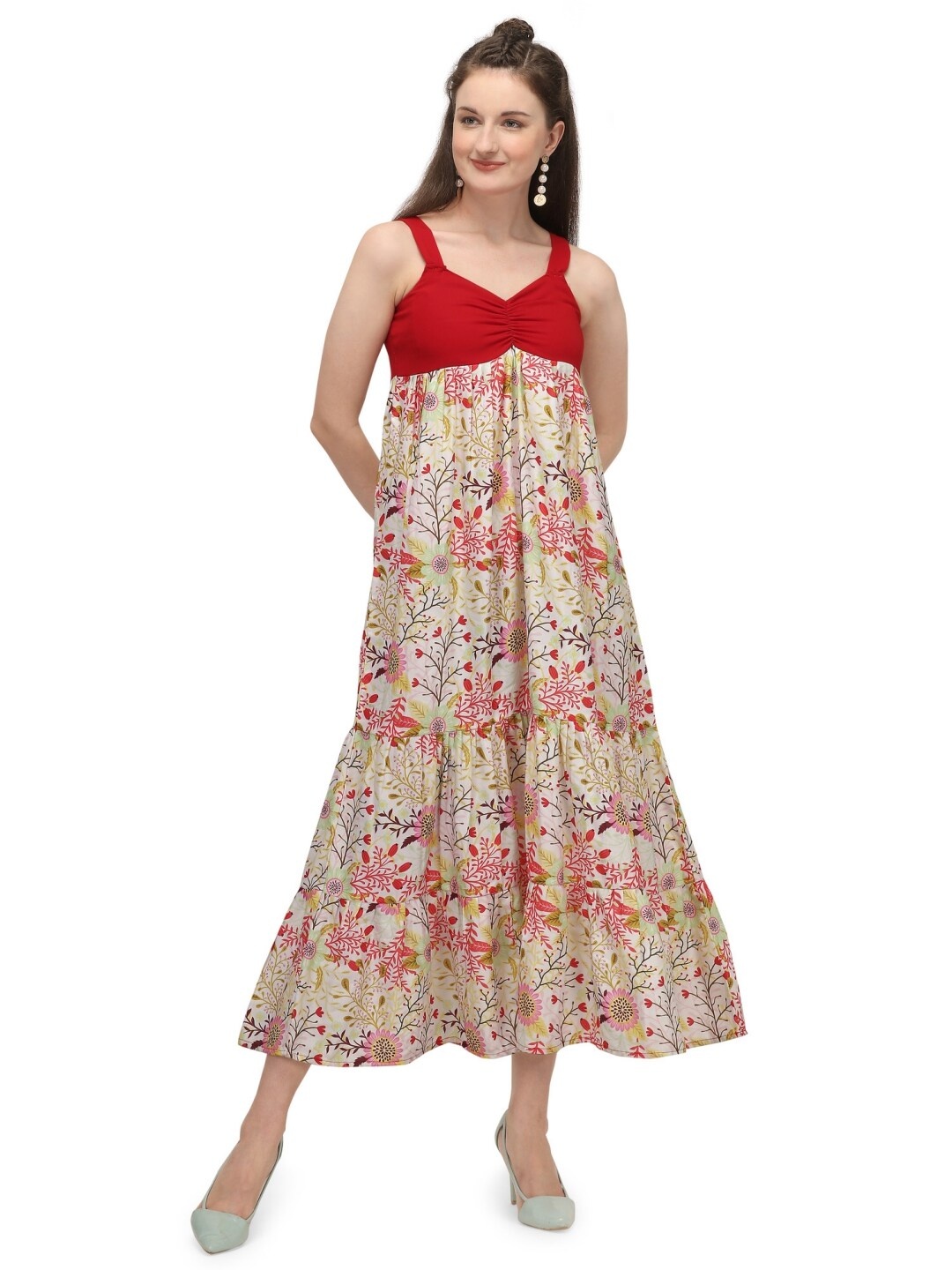 

MESMORA FASHION Off White & Red Floral Empire Midi Dress