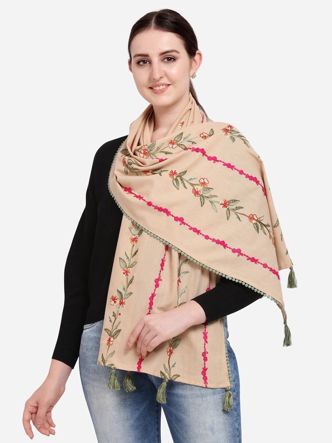 

MESMORA FASHION Women Beige & Red Embroidered Floral Stole