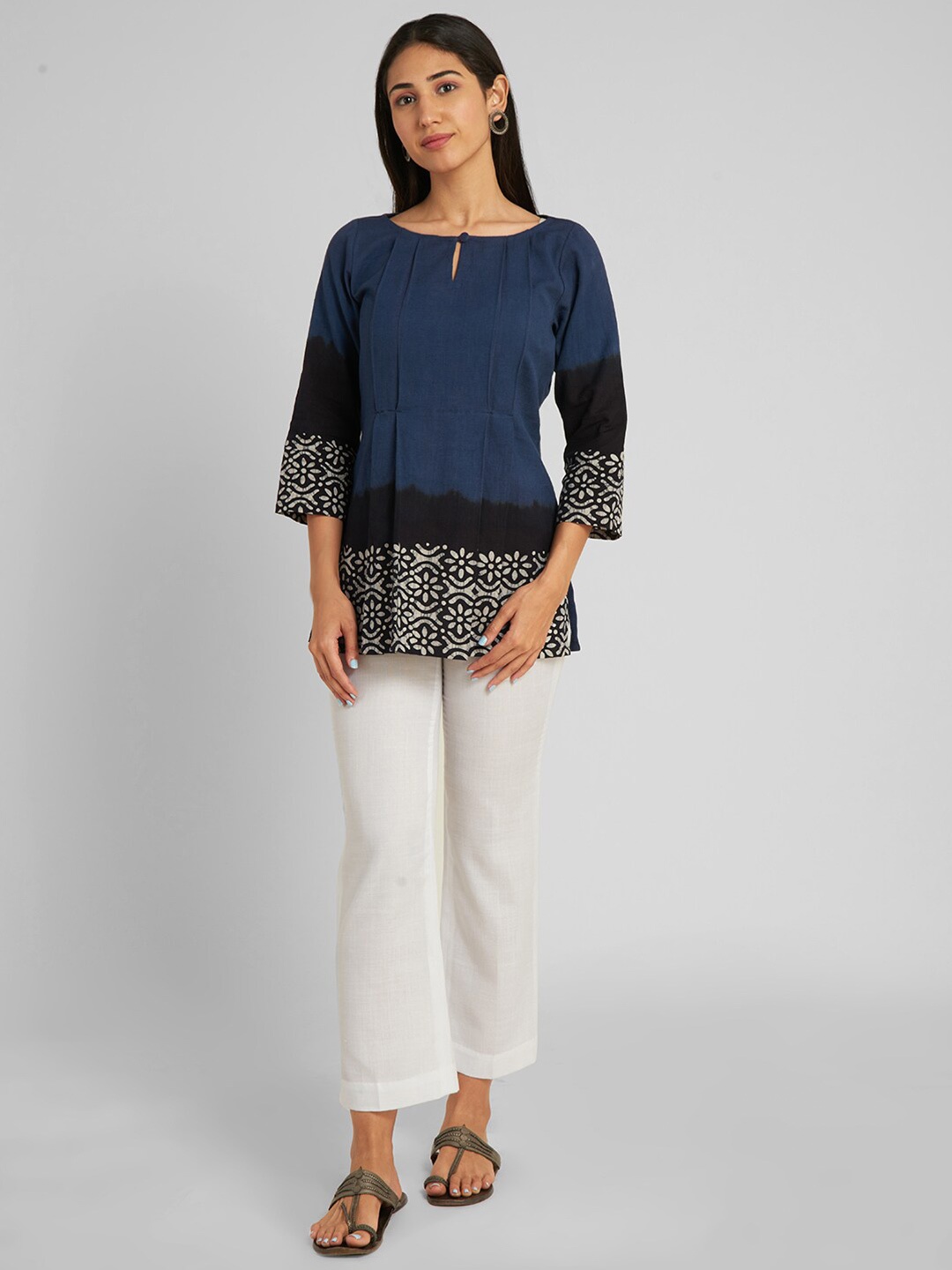 

aturabi Navy Blue & Black Ethnic Motifs Boat Neck Pure Cotton Kurti