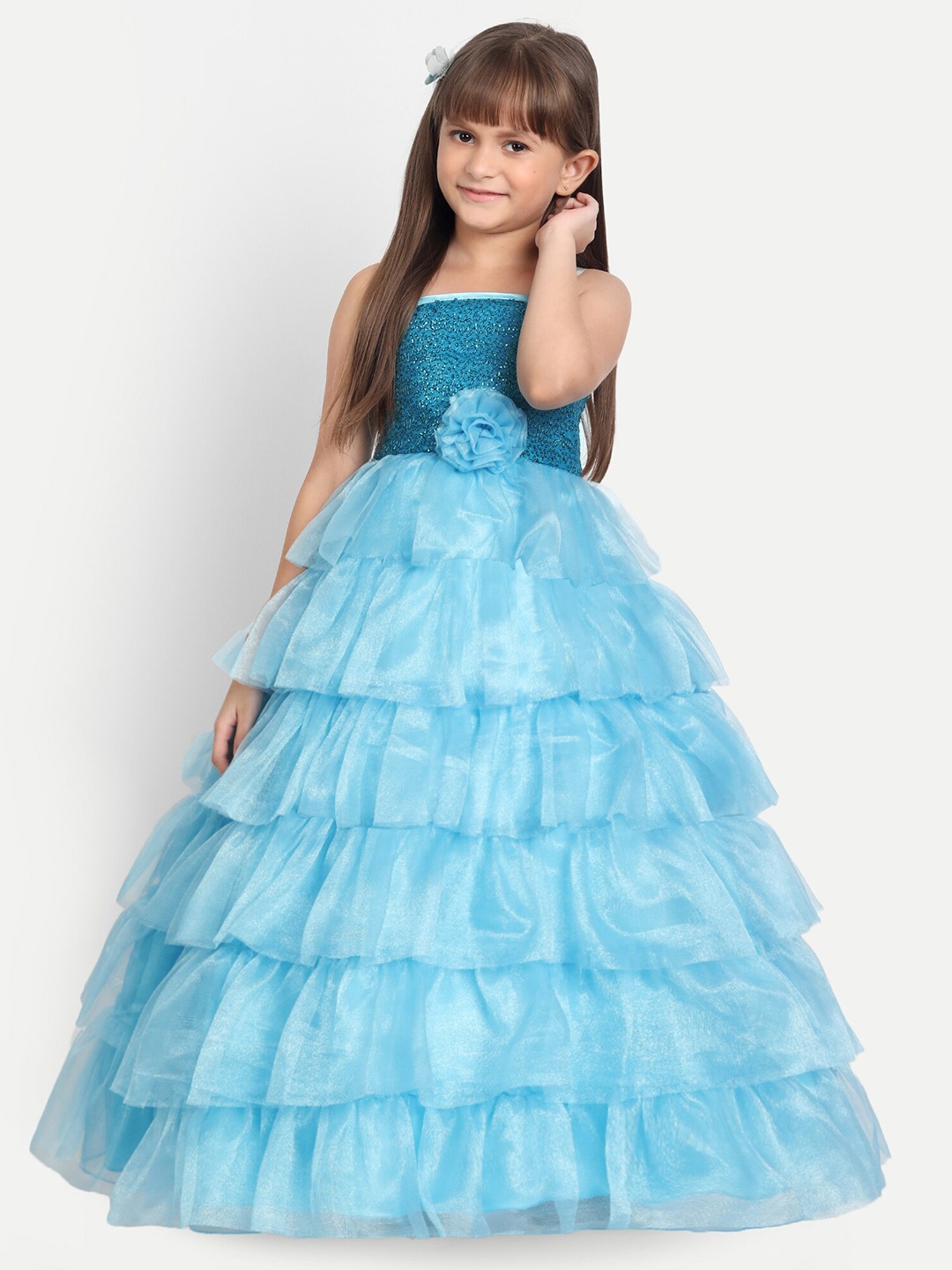 

SOFYANA Girls Turquoise Blue Embellished Satin Maxi Dress