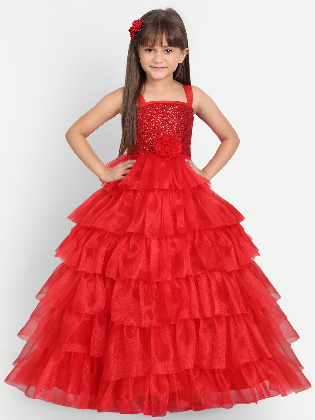 

SOFYANA Girls Red Embellished Satin Maxi Maxi Dress