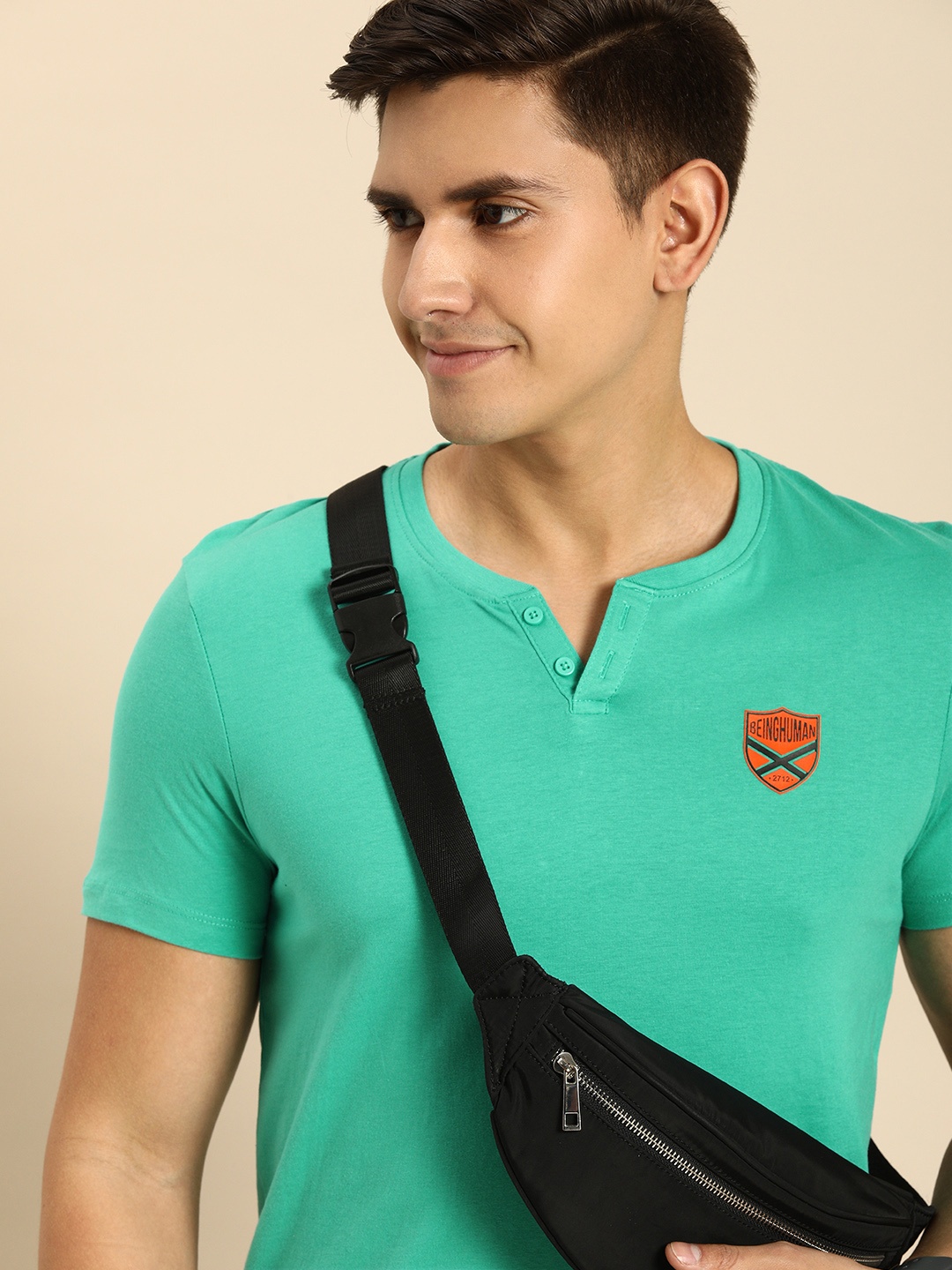 

Being Human Clothing Men Pure Cotton Henley Neck Applique T-shirt, Green