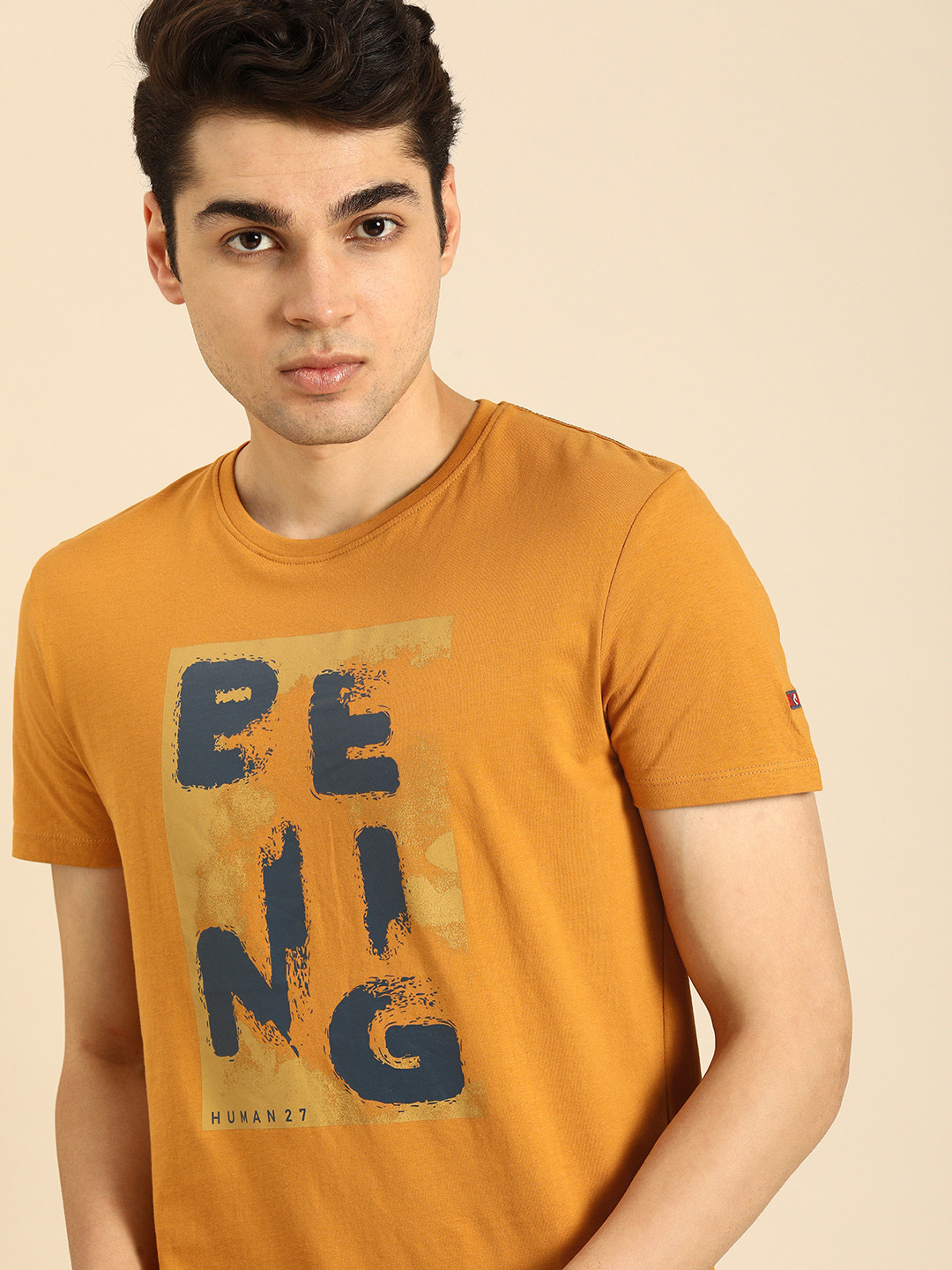 

Being Human Men Brand Logo Printed Pure Cotton T-shirt, Mustard
