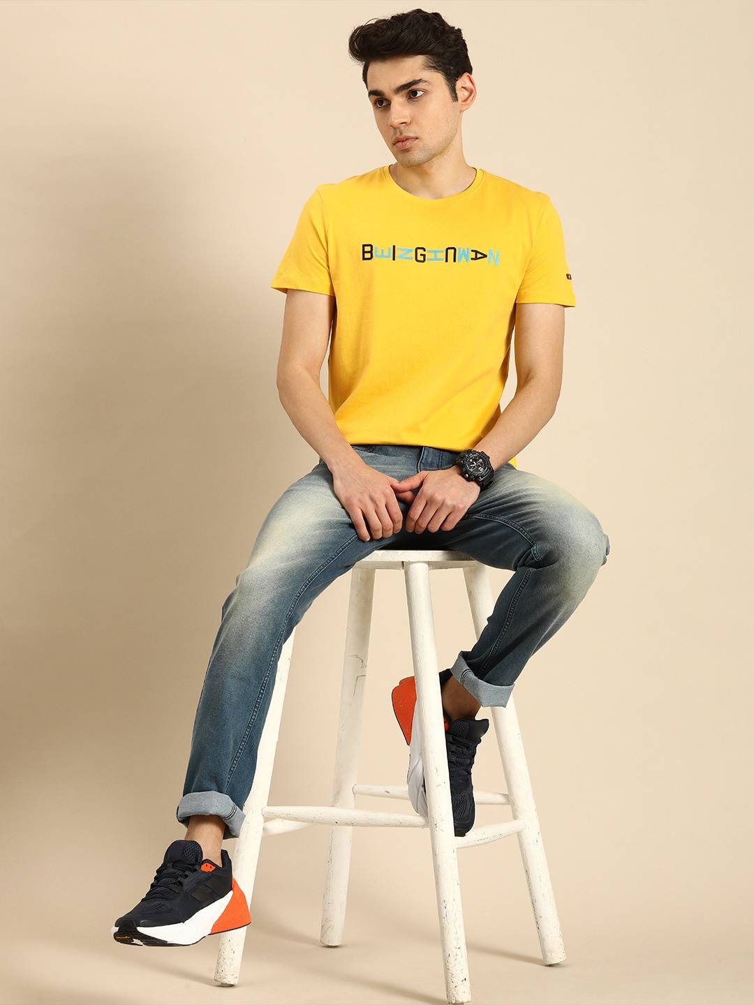 

Being Human Clothing Men Brand Logo Printed Pure Cotton T-shirt, Yellow