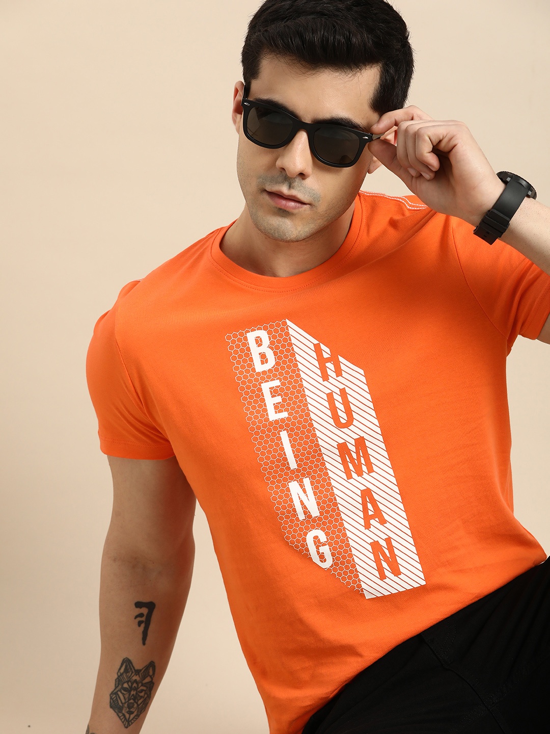 

Being Human Men Brand Logo Printed Pure Cotton T-shirt, Orange