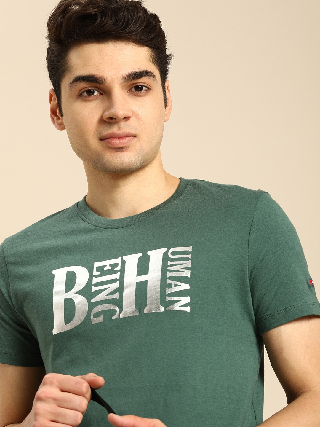

Being Human Men Brand Logo Printed Pure Cotton T-shirt, Green