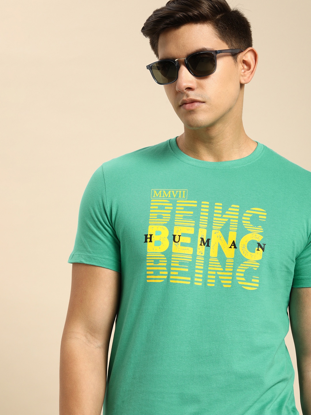 

Being Human Clothing Men Pure Cotton Typography Printed Round Neck T-shirt, Green