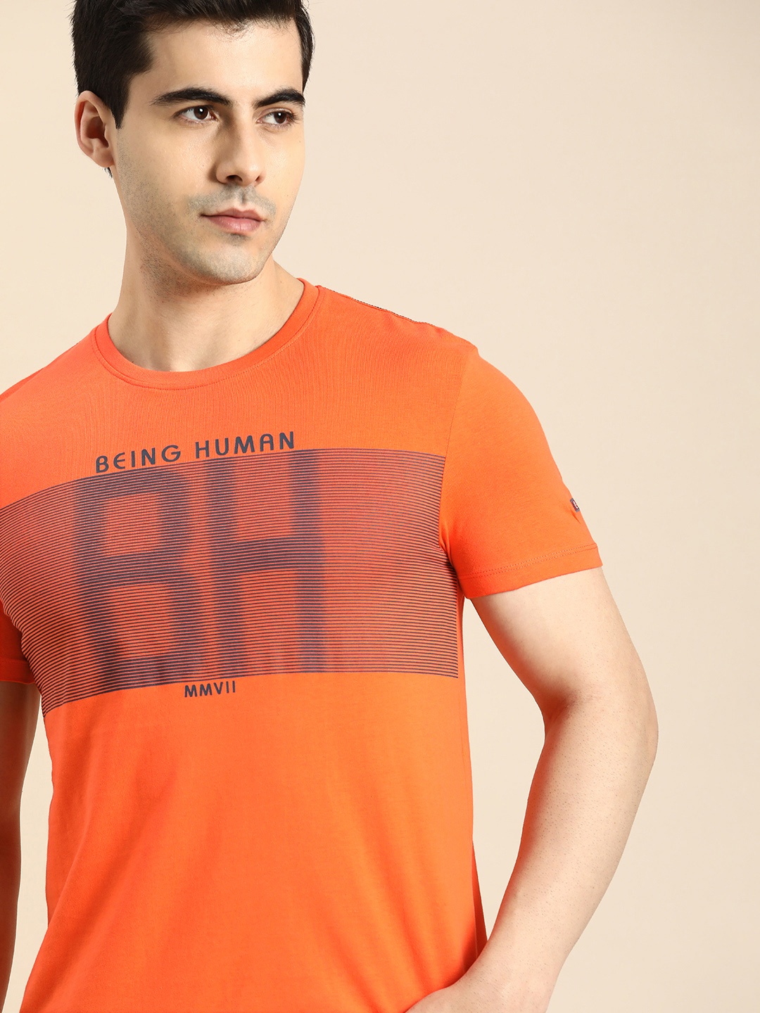 

Being Human Men Orange & Navy Blue Brand Logo Striped Pure Cotton T-shirt