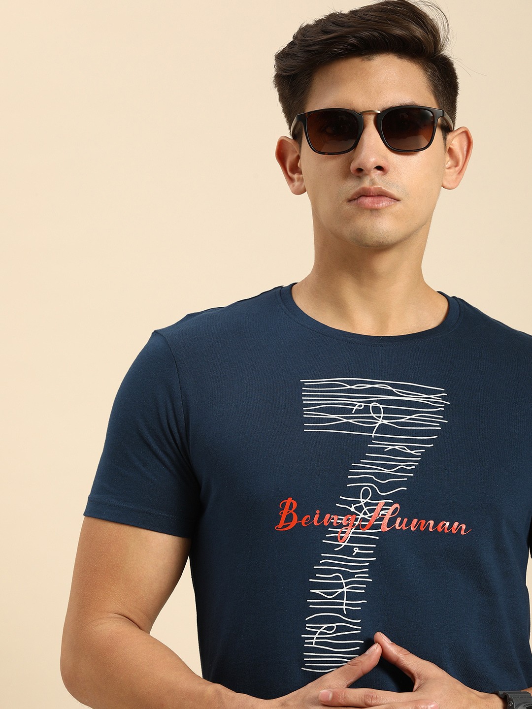 

Being Human Clothing Men Pure Cotton Typography Printed T-shirt, Navy blue