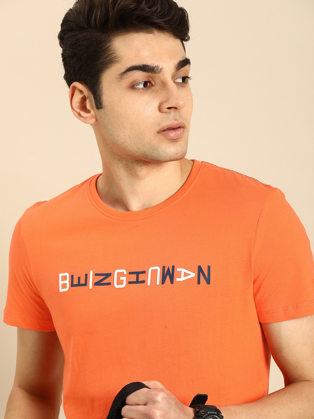 

Being Human Clothing Men Pure Cotton Brand Logo Printed Applique T-shirt, Orange