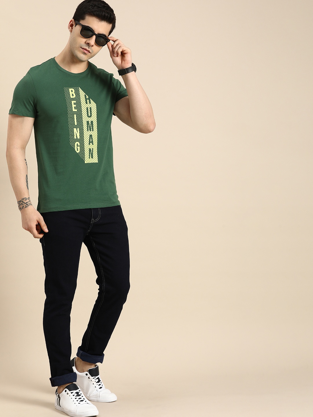 

Being Human Men Brand Logo Printed Pure Cotton T-shirt, Green