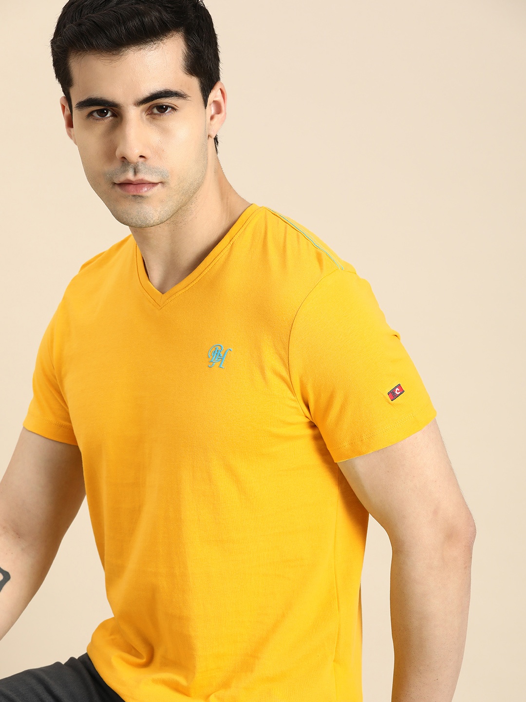 

Being Human Men Typography V-Neck Pure Cotton T-shirt, Yellow