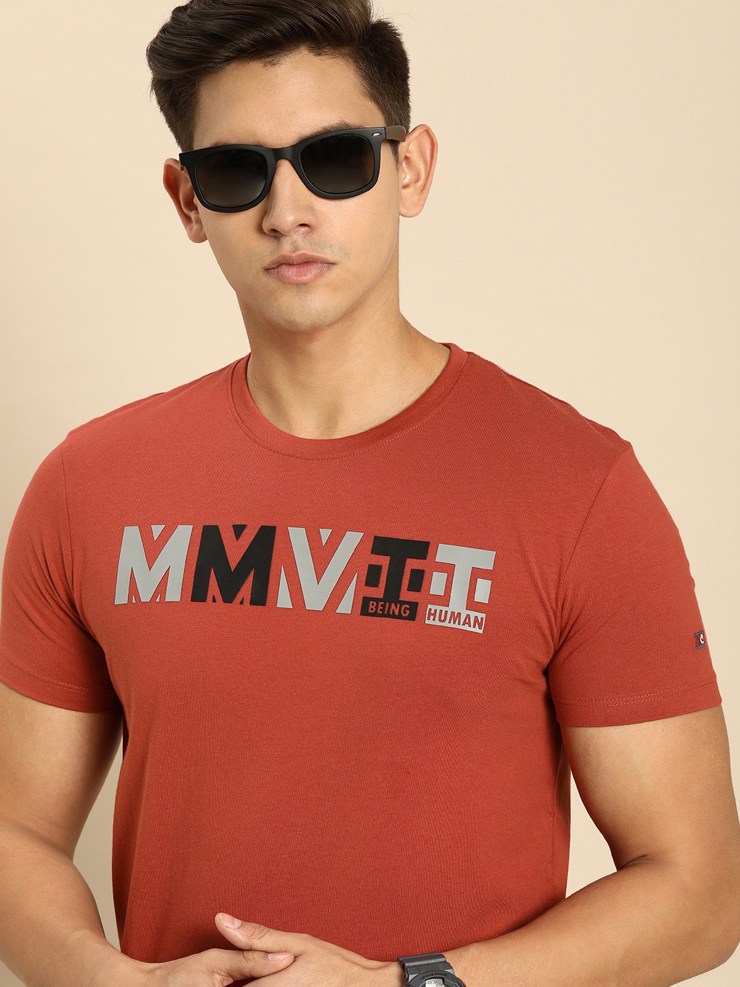 

Being Human Men Rust Typography Printed Pure Cotton Applique T-shirt