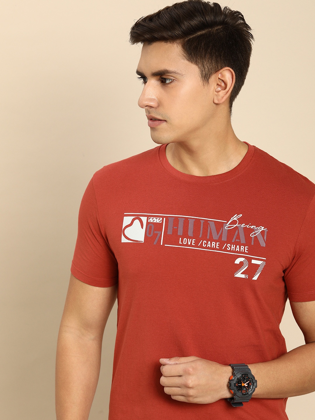 

Being Human Men Brand Logo Printed Pure Cotton T-shirt, Rust