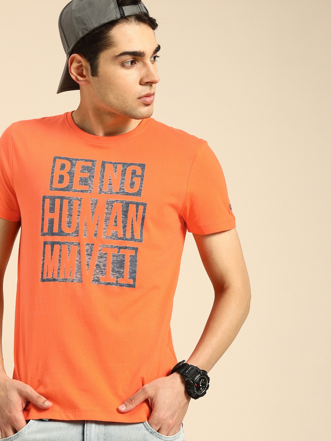

Being Human Men Brand Logo Printed Pure Cotton T-shirt, Orange