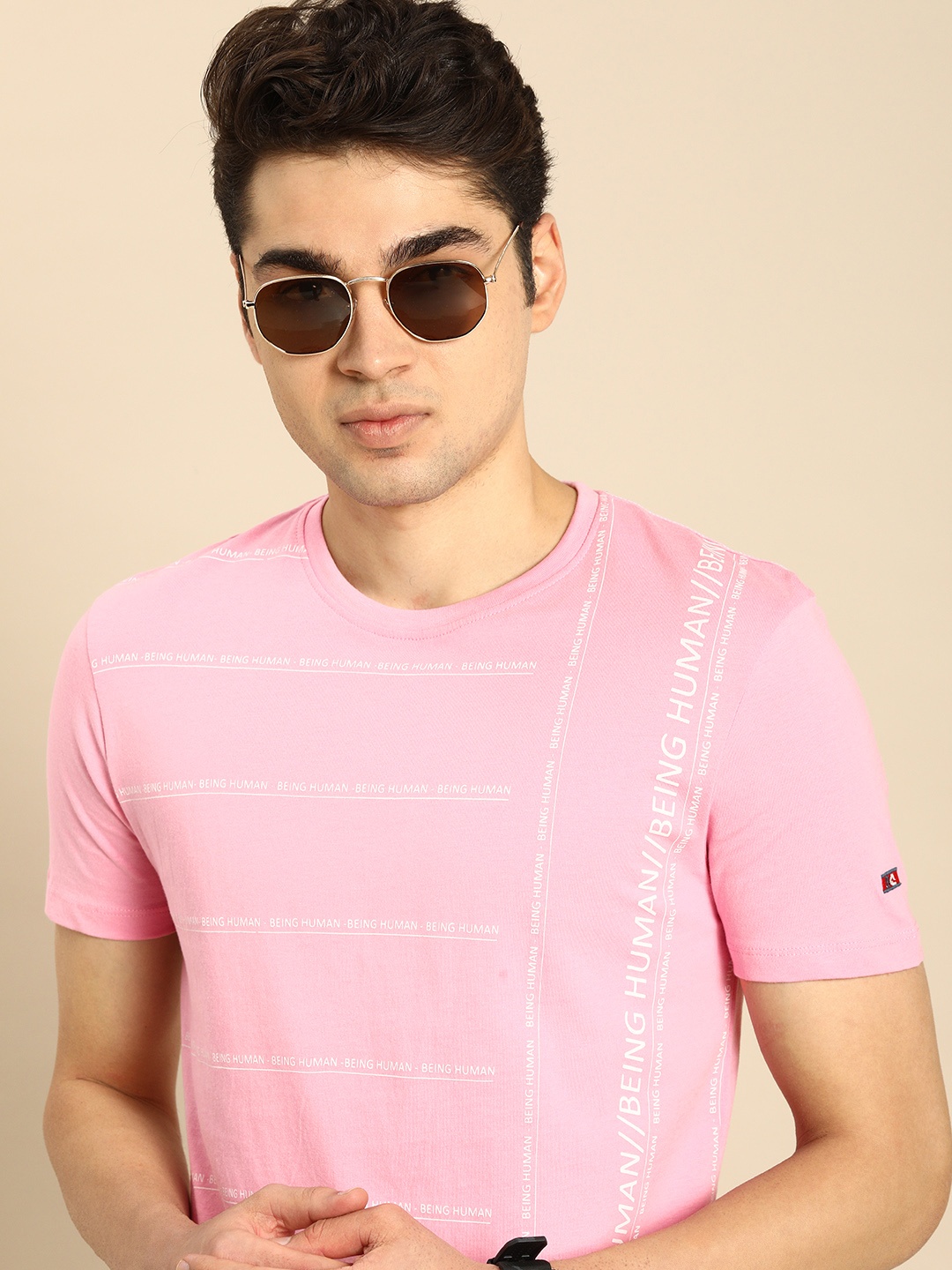 

Being Human Men Brand Logo Printed Pure Cotton T-shirt, Pink