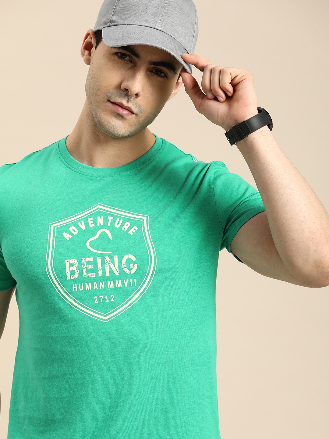 

Being Human Men Brand Logo Printed Pure Cotton T-shirt, Green