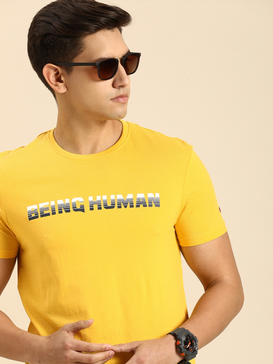 

Being Human Clothing Men Brand Logo Printed Pure Cotton T-shirt, Yellow