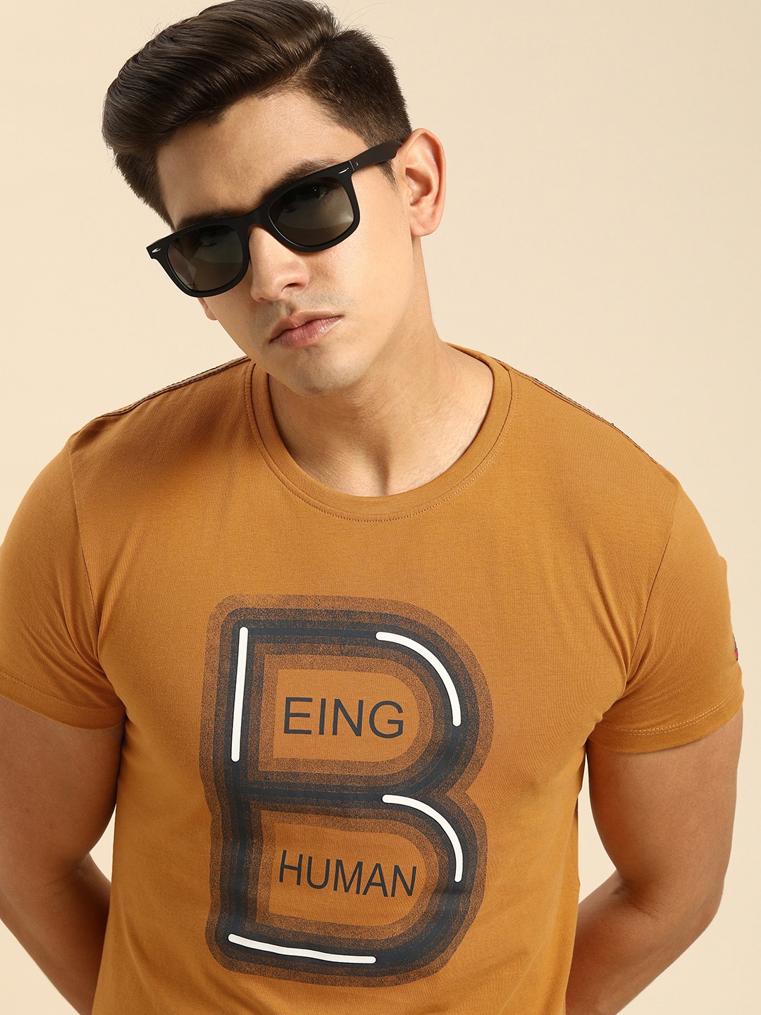 

Being Human Clothing Men Brand Logo Printed Pure Cotton T-shirt, Brown