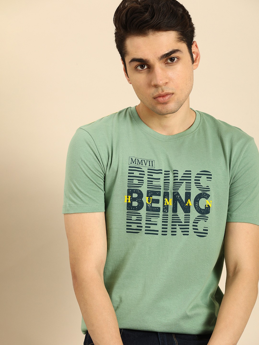 

Being Human Clothing Men Pure Cotton Typography Printed T-shirt, Olive