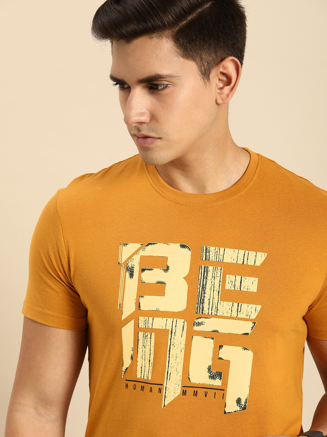 

Being Human Men Brand Logo Printed Pure Cotton T-shirt, Camel brown